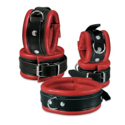 Red Bondage Set - Collar + Cuffs + Anklecufs